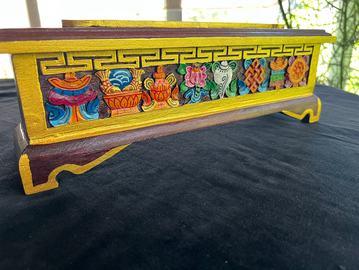 Eight Auspicious Symbols Incense Burner | Tibetan | 14 in x 4.5 in x 3 in | Hand Painted Wood | 1 storage drawer