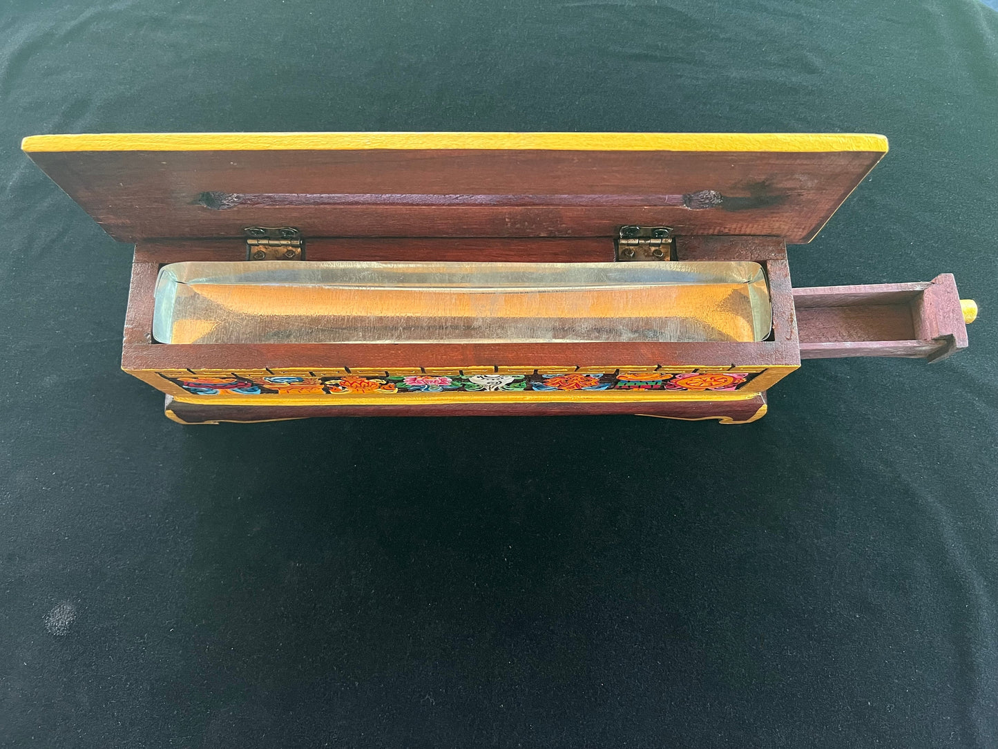 Eight Auspicious Symbols Incense Burner | Tibetan | 14 in x 4.5 in x 3 in | Hand Painted Wood | 1 storage drawer