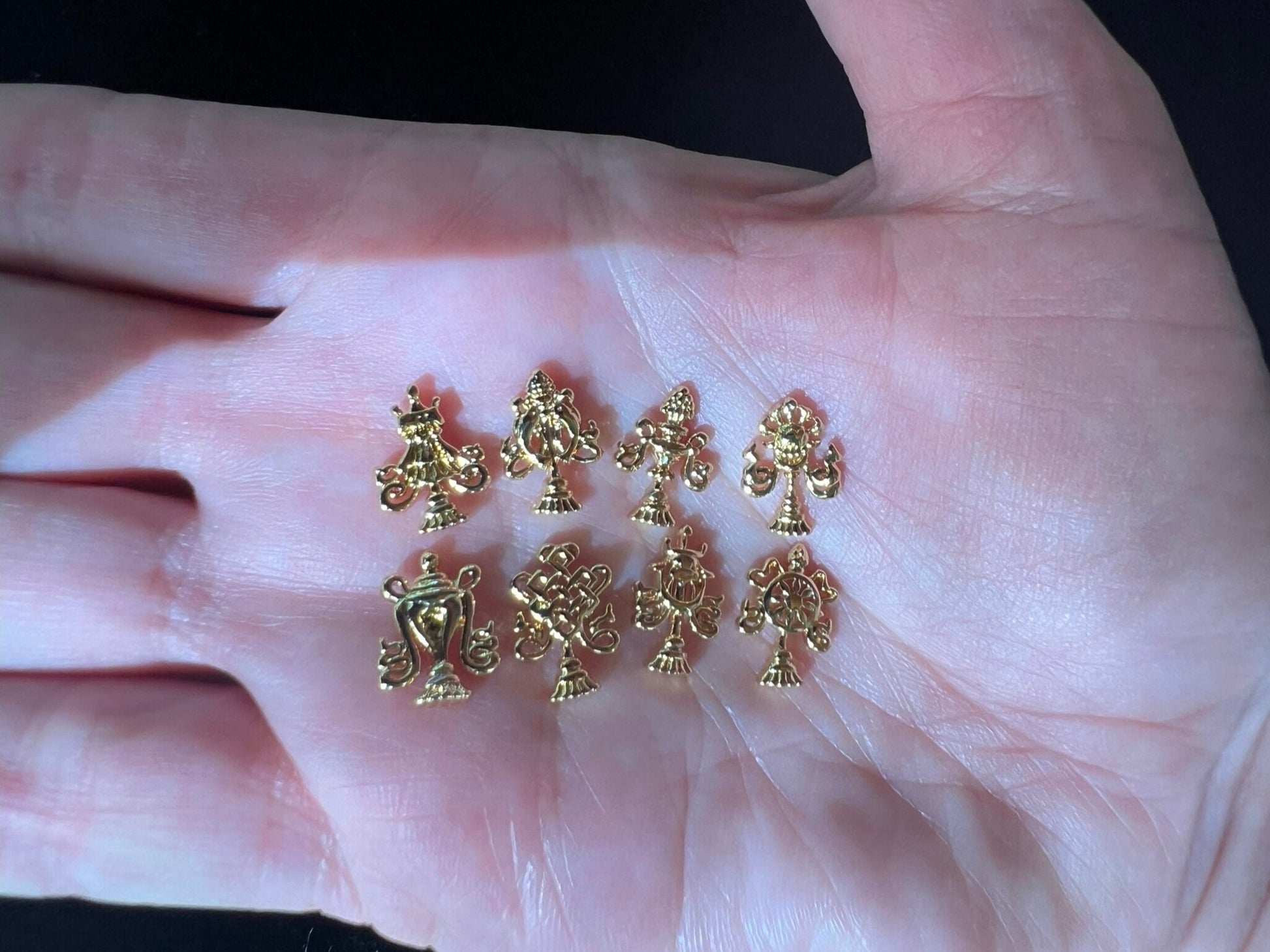 Tiny Eight Auspicious Symbols | 18 Carat Gold Gilt over 925 Sterling Silver | set of 8 symbols | Approx. 1/2 inches high | Mandala Offering