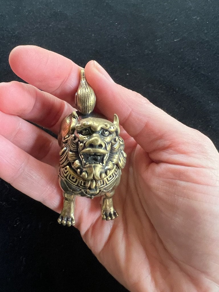 Tiny Snow Lion Incense Burner | Approx. 2.5 inches wide x 2 inches high | Brass