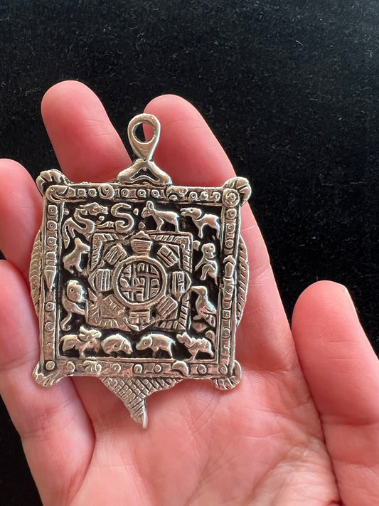 Tibetan Astrological Amulet | Metal | 2 in by 3 in | Protection Blessing | Zodiac | 8 Trigrams | 9 Magic Squares | Feng Shui | Astrology