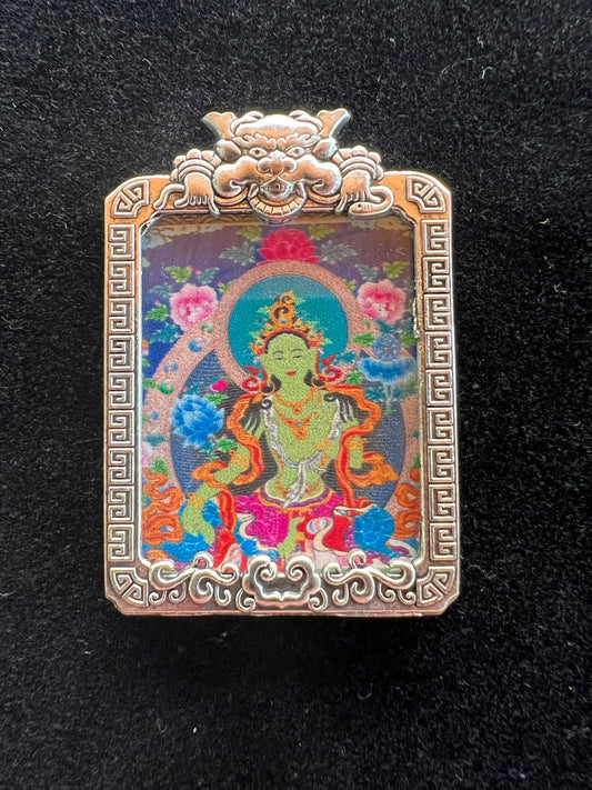 Tiny Thangka Green Tara Locket Pendant | Approx 1.5 in by 2 in | Nepal